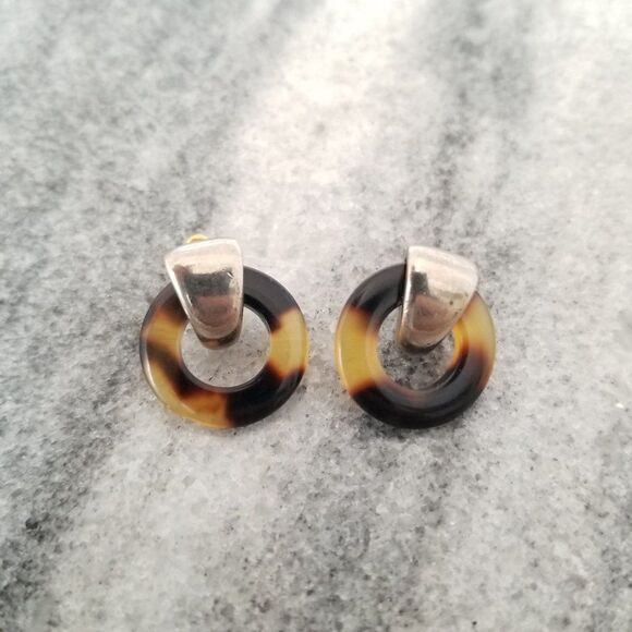 Vintage Silver Tone and Faux Tortoise Shell Post Earrings, Minimal Design - Picture 2 of 5